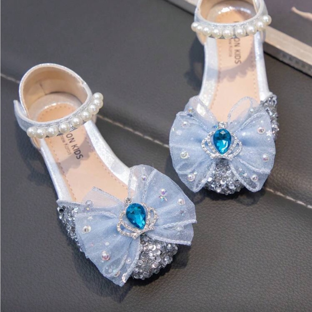 Girls Blue Pearl Princess Bow Dress Shoes - Kids